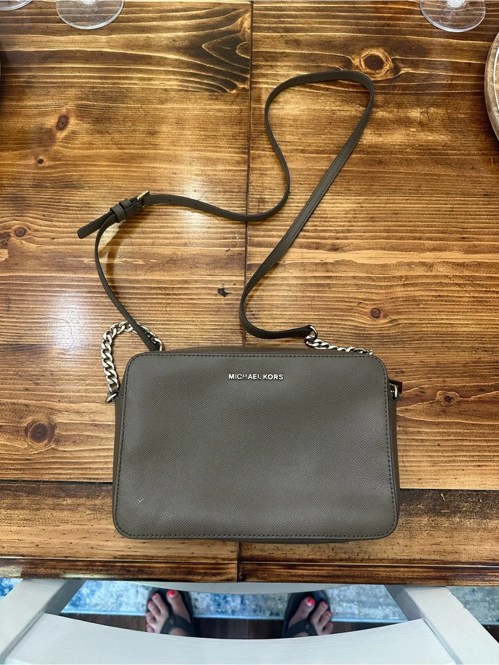 Michael Kors Taupe Leather Crossbody with Chain Accent